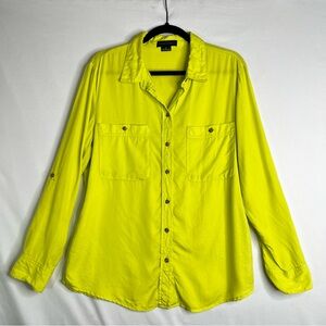 Sanctuary Neon Yellow Button Down Shirt Roll Tab Sleeves Womens Sz M Bright
